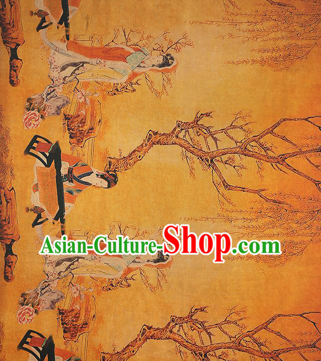 Chinese Traditional Yellow Gambiered Guangdong Gauze Qipao Dress Fabric Classical Beauty Wang Zhaojun Pattern Silk Drapery
