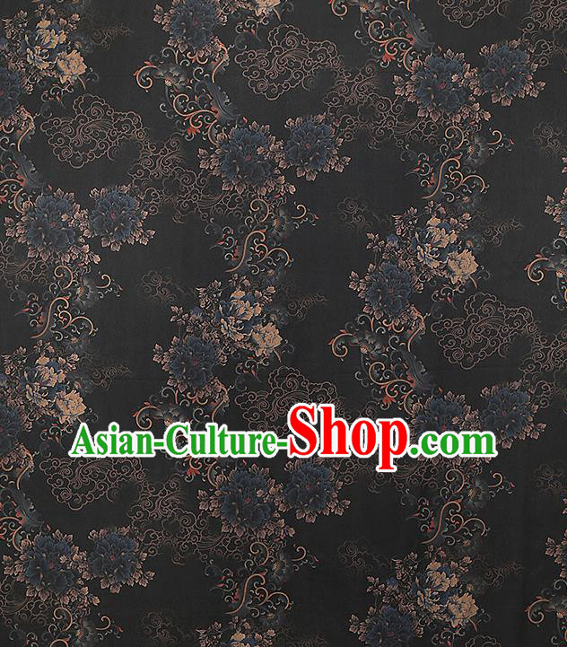 Chinese Classical Peony Pattern Silk Drapery Traditional Qipao Dress Black Gambiered Guangdong Gauze Fabric