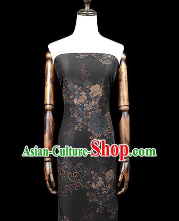 Chinese Classical Peony Pattern Silk Drapery Traditional Qipao Dress Black Gambiered Guangdong Gauze Fabric