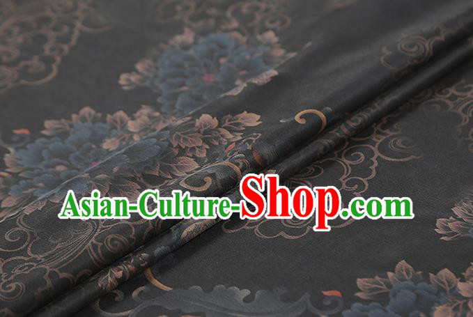 Chinese Classical Peony Pattern Silk Drapery Traditional Qipao Dress Black Gambiered Guangdong Gauze Fabric