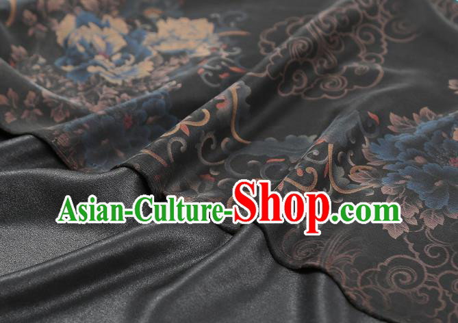 Chinese Classical Peony Pattern Silk Drapery Traditional Qipao Dress Black Gambiered Guangdong Gauze Fabric