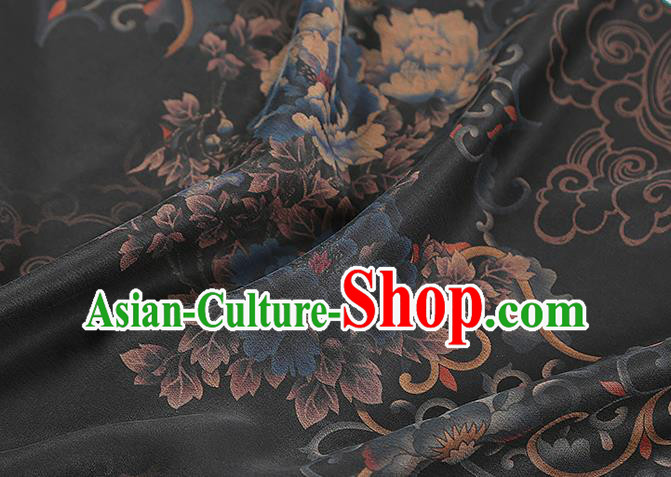 Chinese Classical Peony Pattern Silk Drapery Traditional Qipao Dress Black Gambiered Guangdong Gauze Fabric