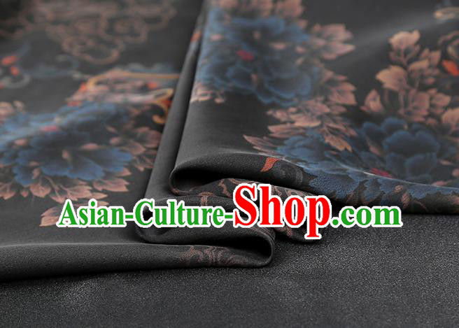 Chinese Classical Peony Pattern Silk Drapery Traditional Qipao Dress Black Gambiered Guangdong Gauze Fabric