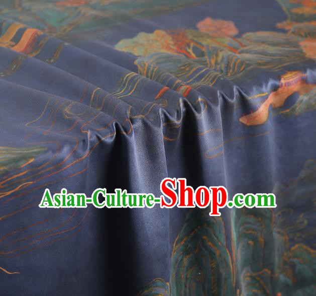 Chinese Traditional Blue Gambiered Guangdong Gauze Qipao Dress Cloth Classical Landscape Pattern Silk Fabric