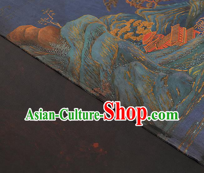 Chinese Traditional Blue Gambiered Guangdong Gauze Qipao Dress Cloth Classical Landscape Pattern Silk Fabric