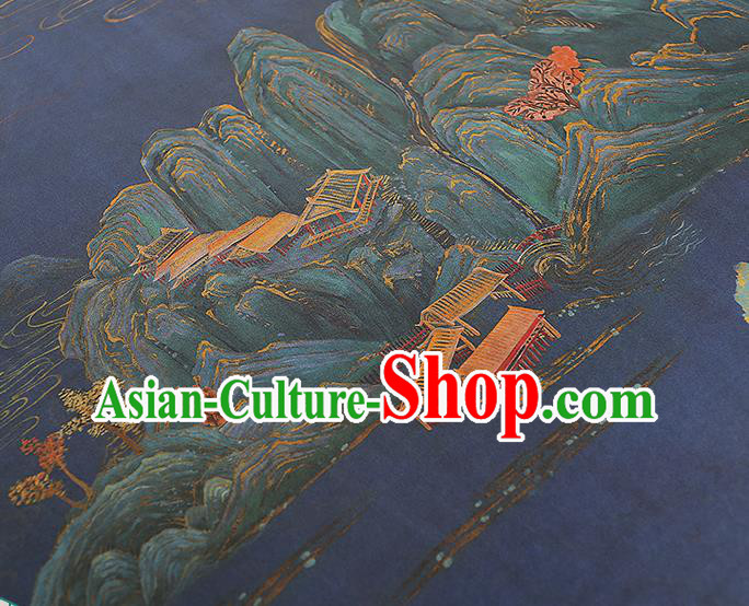 Chinese Traditional Blue Gambiered Guangdong Gauze Qipao Dress Cloth Classical Landscape Pattern Silk Fabric