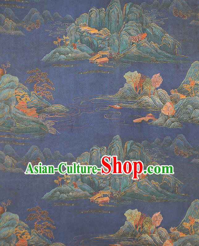 Chinese Traditional Blue Gambiered Guangdong Gauze Qipao Dress Cloth Classical Landscape Pattern Silk Fabric