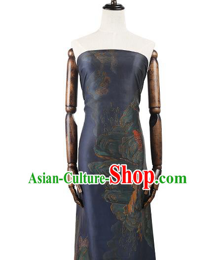 Chinese Traditional Blue Gambiered Guangdong Gauze Qipao Dress Cloth Classical Landscape Pattern Silk Fabric