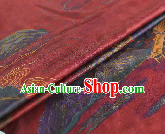 Chinese Qipao Dress Brocade Cloth Classical Landscape Pattern Silk Fabric Traditional Red Gambiered Guangdong Gauze