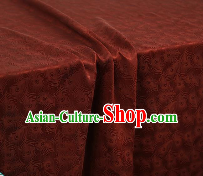 Chinese Classical Feather Pattern Rust Red Silk Fabric Traditional Gambiered Guangdong Gauze Qipao Dress Jacquard Satin Cloth