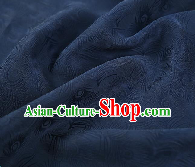 Chinese Qipao Dress Jacquard Navy Blue Satin Cloth Classical Feather Pattern Silk Fabric Traditional Gambiered Guangdong Gauze