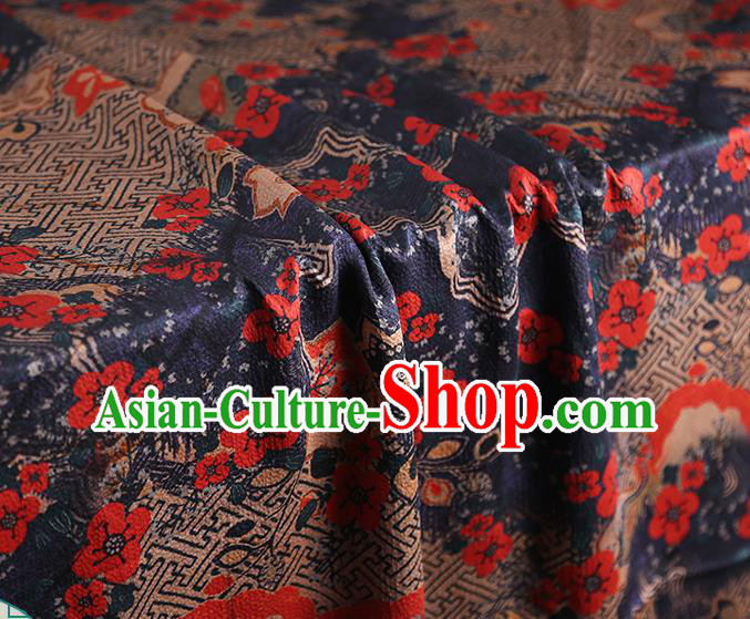 Chinese Traditional Navy Blue Brocade Cloth Qipao Dress Classical Plum Blossom Pattern Silk Fabric Gambiered Guangdong Gauze