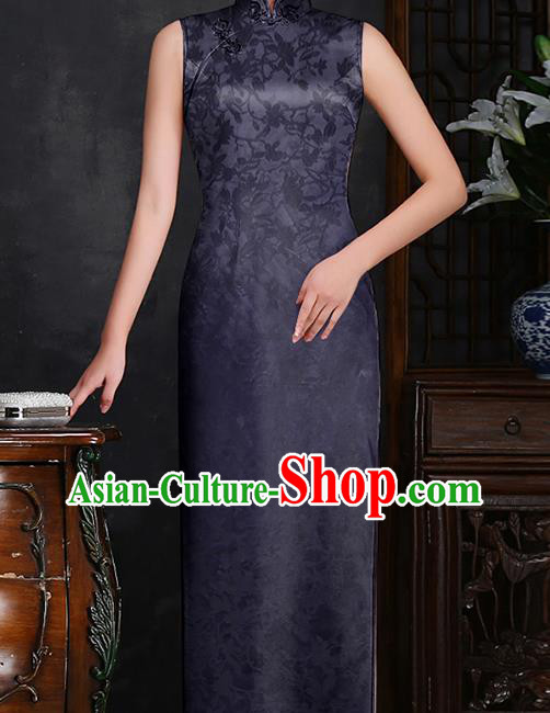 Chinese Classical Qipao Dress Gambiered Guangdong Gauze Cloth Traditional Jacquard Mangnolia Purple Silk Fabric