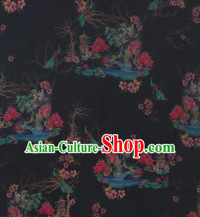 Chinese Traditional Peacock Peony Pattern Silk Fabric Black Gambiered Guangdong Gauze Classical Qipao Dress Material