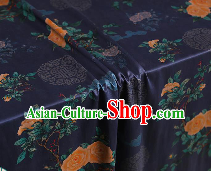 Chinese Traditional Cheongsam Deep Blue Brocade Material Classical Roses Pattern Silk Fabric