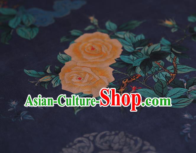 Chinese Traditional Cheongsam Deep Blue Brocade Material Classical Roses Pattern Silk Fabric