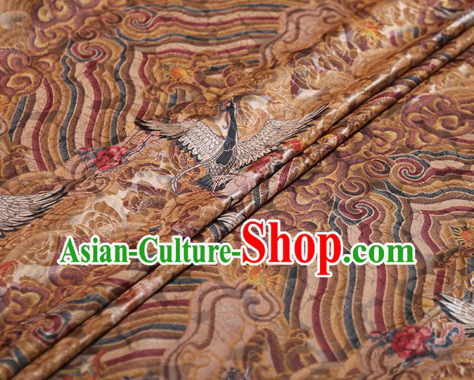 Chinese Classical Wave Cranes Pattern Silk Fabric Traditional Cheongsam Ginger Brocade Material Tapestry