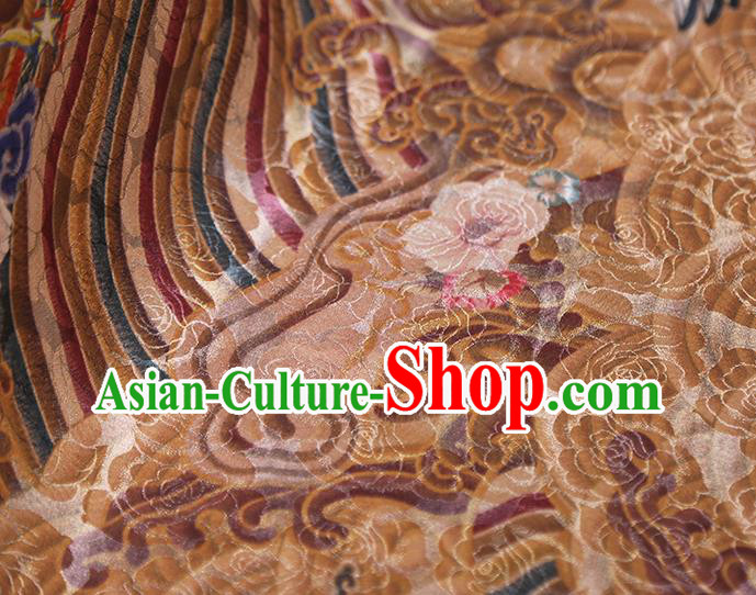 Chinese Classical Wave Cranes Pattern Silk Fabric Traditional Cheongsam Ginger Brocade Material Tapestry