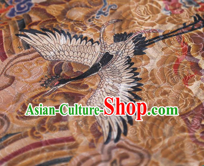 Chinese Classical Wave Cranes Pattern Silk Fabric Traditional Cheongsam Ginger Brocade Material Tapestry