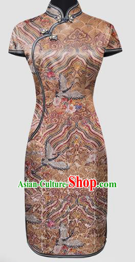 Chinese Classical Wave Cranes Pattern Silk Fabric Traditional Cheongsam Ginger Brocade Material Tapestry
