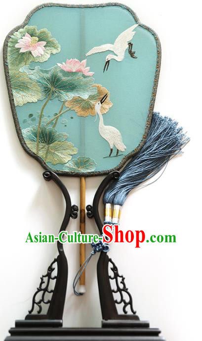 China Handmade Embroidered Crane Lotus Fans Ancient Princess Palace Fan Traditional Hanfu Green Silk Fan