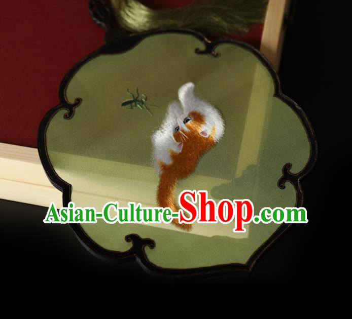 China Ancient Princess Palace Fan Traditional Hanfu Green Silk Fan Handmade Embroidered Cat Fan