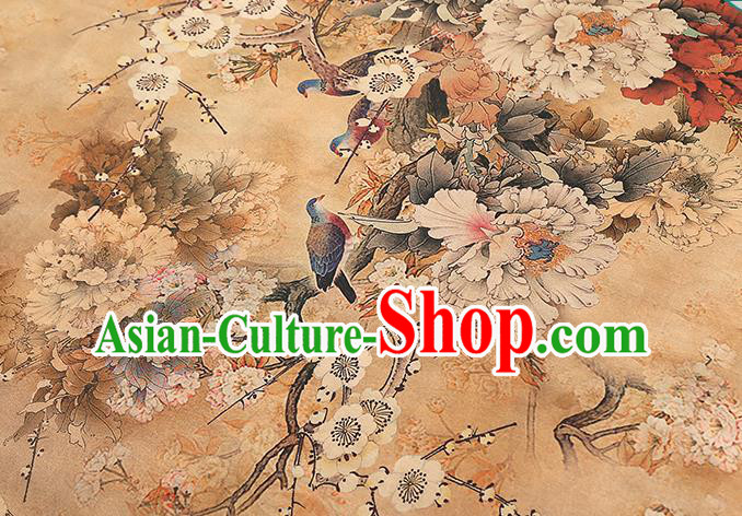 Chinese Traditional Qipao Dress Apricot Silk Fabric Classical Plum Blossom Pattern Gambiered Guangdong Gauze Drapery