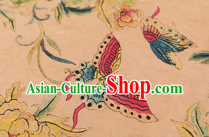 Chinese Classical Peony Butterfly Pattern Gambiered Guangdong Gauze Drapery Traditional Qipao Dress Beige Silk Fabric