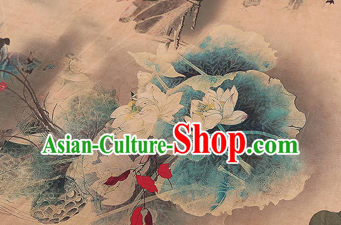 Chinese Classical Lotus Plum Pattern Gambiered Guangdong Gauze Drapery Traditional Qipao Dress Apricot Silk Fabric