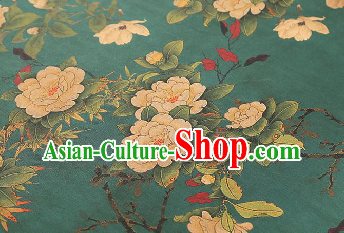 Chinese Gambiered Guangdong Gauze Qipao Dress Brocade Fabric Traditional Classical Camellia Pattern Green Silk Drapery