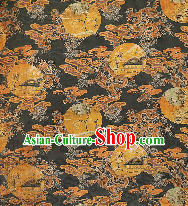 Chinese Printing Dragon Black Gambiered Guangdong Gauze Drapery Traditional Tang Suit Silk Fabric