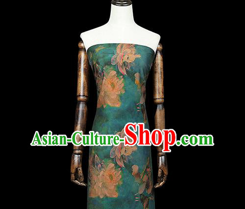 Chinese Classical Lotus Pattern Green Drapery Traditional Qipao Dress Silk Fabric Gambiered Guangdong Gauze