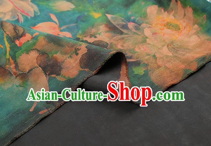 Chinese Classical Lotus Pattern Green Drapery Traditional Qipao Dress Silk Fabric Gambiered Guangdong Gauze