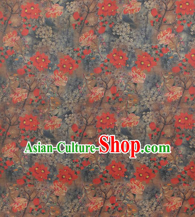 Chinese Classical Red Flowers Pattern Gambiered Guangdong Gauze Traditional Qipao Dress Grey Silk Fabric