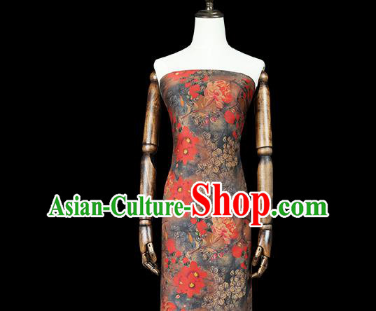 Chinese Classical Red Flowers Pattern Gambiered Guangdong Gauze Traditional Qipao Dress Grey Silk Fabric