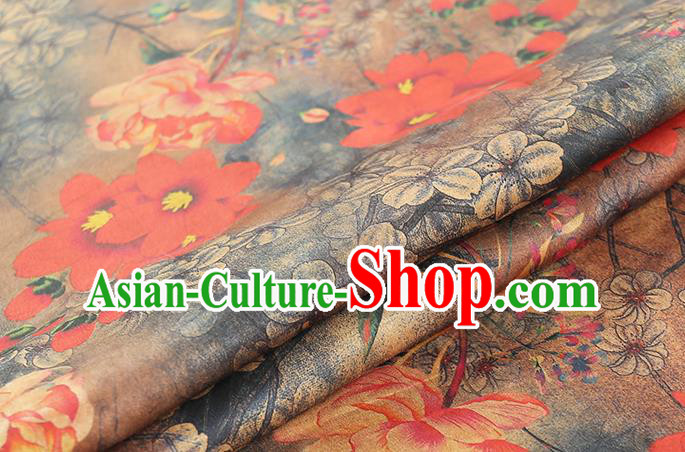 Chinese Classical Red Flowers Pattern Gambiered Guangdong Gauze Traditional Qipao Dress Grey Silk Fabric