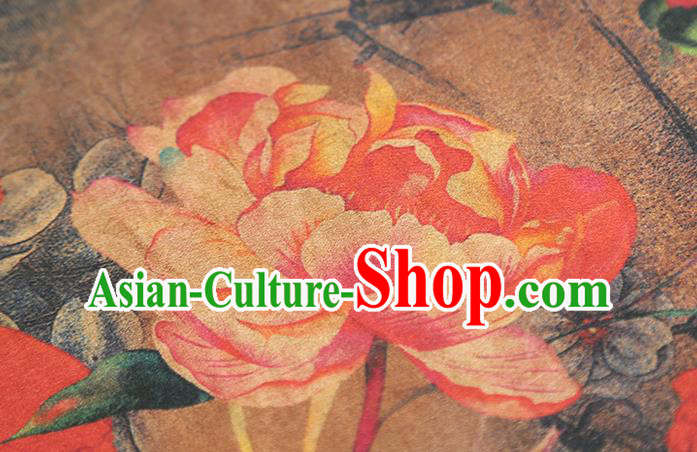 Chinese Classical Red Flowers Pattern Gambiered Guangdong Gauze Traditional Qipao Dress Grey Silk Fabric