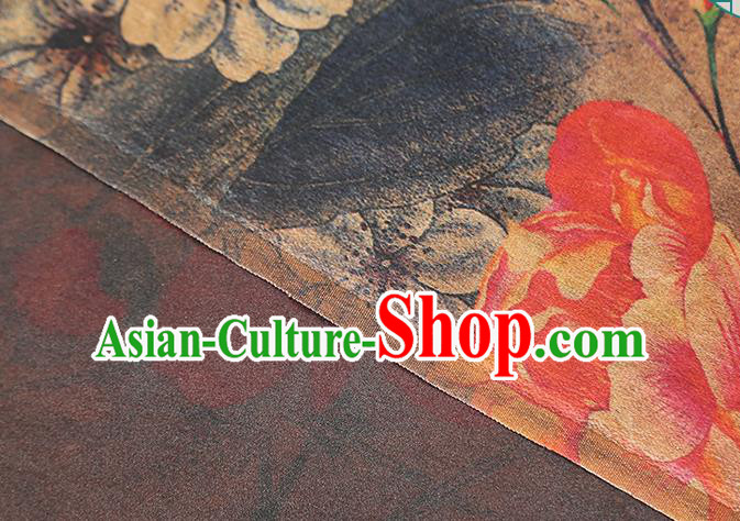 Chinese Classical Red Flowers Pattern Gambiered Guangdong Gauze Traditional Qipao Dress Grey Silk Fabric
