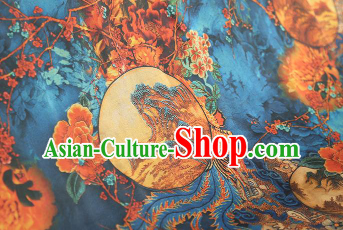 Chinese Traditional Qipao Dress Blue Silk Fabric Classical Phoenix Pattern Gambiered Guangdong Gauze