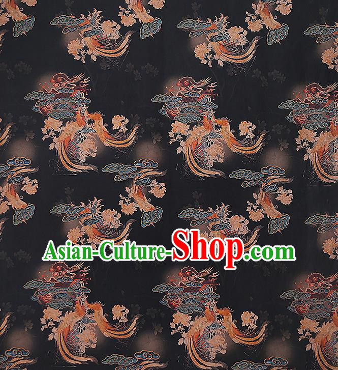 Chinese Classical Qipao Dress Phoenix Peony Pattern Gambiered Guangdong Gauze Traditional Black Silk Fabric
