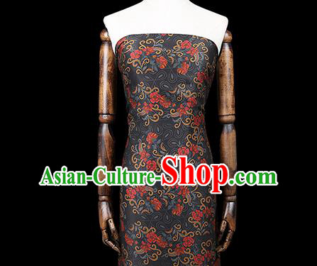 Chinese Classical Black Silk Fabric Traditional Qipao Dress Flowers Pattern Gambiered Guangdong Gauze Material