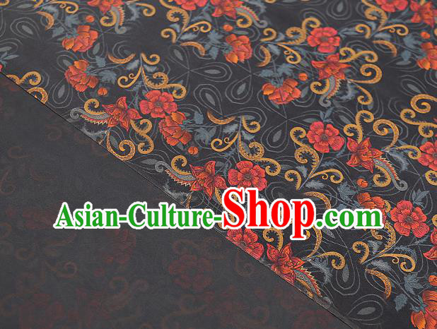 Chinese Classical Black Silk Fabric Traditional Qipao Dress Flowers Pattern Gambiered Guangdong Gauze Material