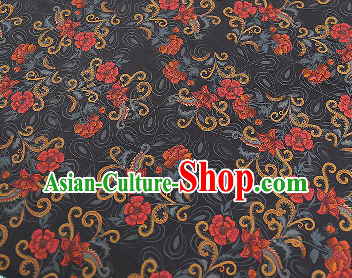Chinese Classical Black Silk Fabric Traditional Qipao Dress Flowers Pattern Gambiered Guangdong Gauze Material
