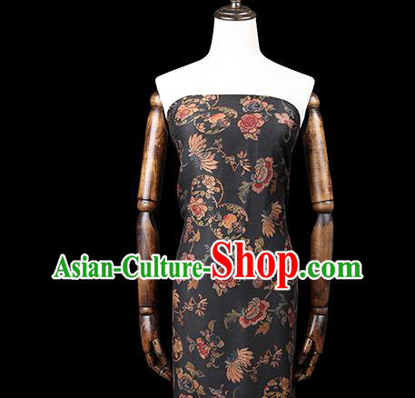 Chinese Chrysanthemum Pattern Black Gambiered Guangdong Gauze Traditional Qipao Dress Cloth Classical Silk Fabric