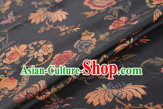 Chinese Chrysanthemum Pattern Black Gambiered Guangdong Gauze Traditional Qipao Dress Cloth Classical Silk Fabric