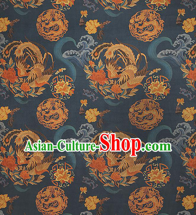 Chinese Classical Printing Phoenix Peony Gambiered Guangdong Gauze Traditional Qipao Dress Navy Silk Fabric