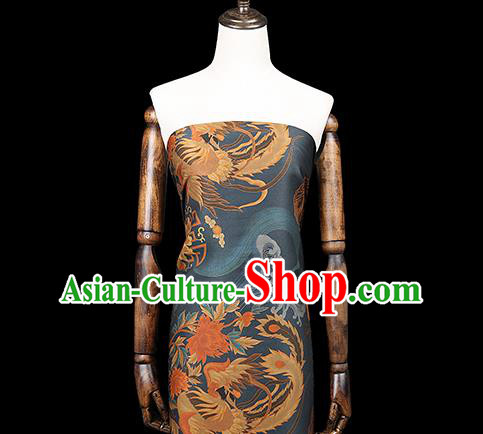 Chinese Classical Printing Phoenix Peony Gambiered Guangdong Gauze Traditional Qipao Dress Navy Silk Fabric