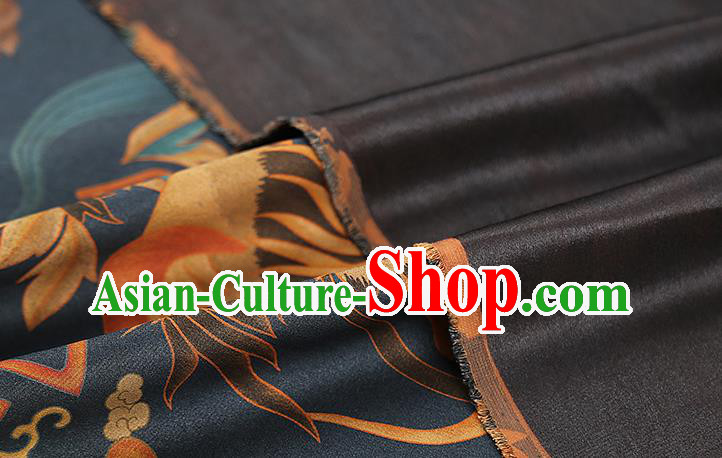 Chinese Classical Printing Phoenix Peony Gambiered Guangdong Gauze Traditional Qipao Dress Navy Silk Fabric
