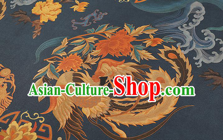 Chinese Classical Printing Phoenix Peony Gambiered Guangdong Gauze Traditional Qipao Dress Navy Silk Fabric
