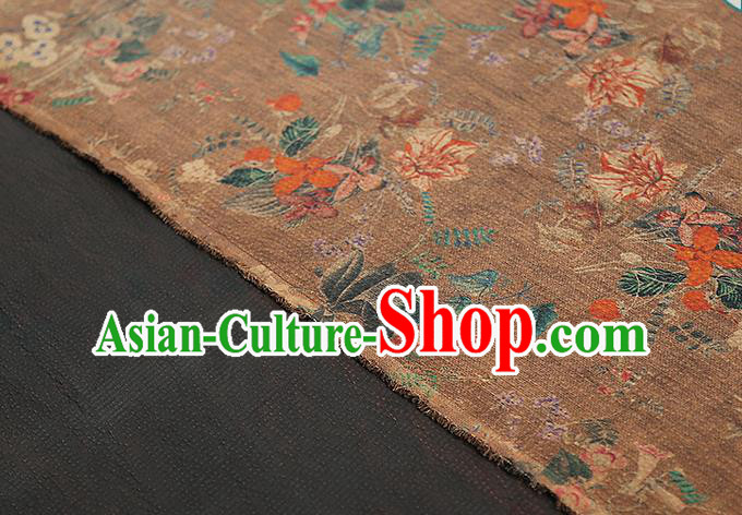Chinese Classical Printing Flowers Gambiered Guangdong Gauze Traditional Qipao Dress Brown Silk Fabric